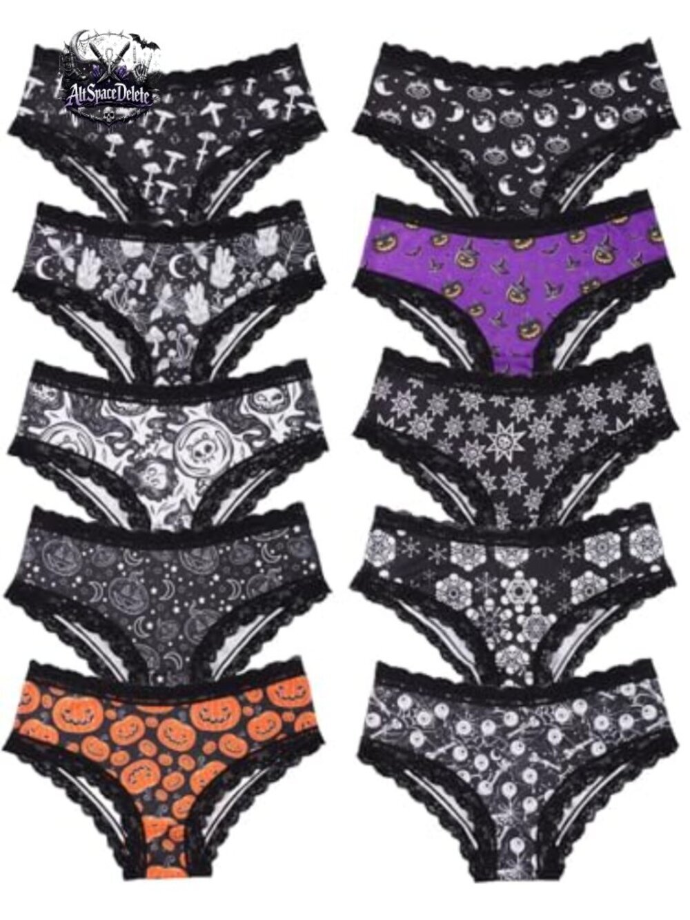 10-Pack Women's Hipster Panties, Gothic Skull Print, Lace Trim, Medium Size - Picture 4 of 7